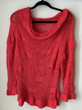 Crea Concept Coral Red Open Knit Cowl Neck Bell Sleeve Sweater Resortwear